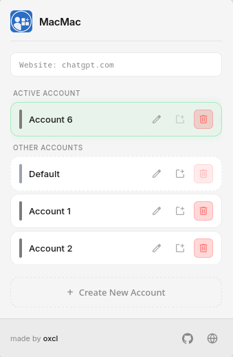 BoxBox extension popup interface showing container management for the current website